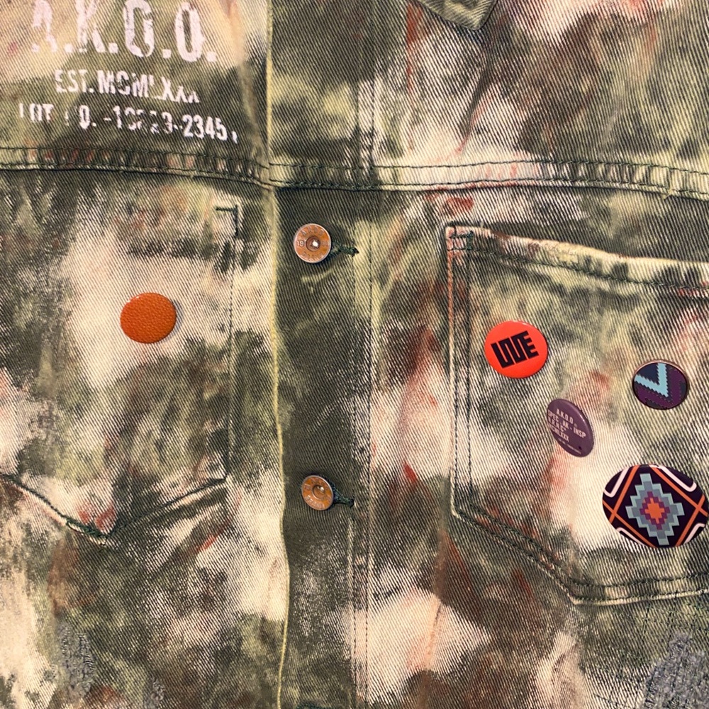 Akoo Olive Green Jean set original XL Jacket pants 38x32or30 not torn or ripped.